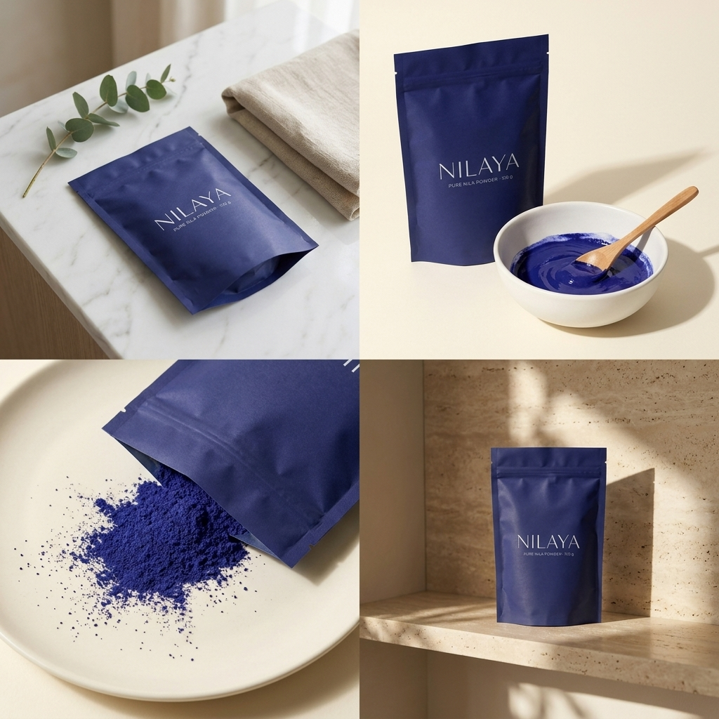 NILAYA nila powder pouch on marble vanity with eucalyptus